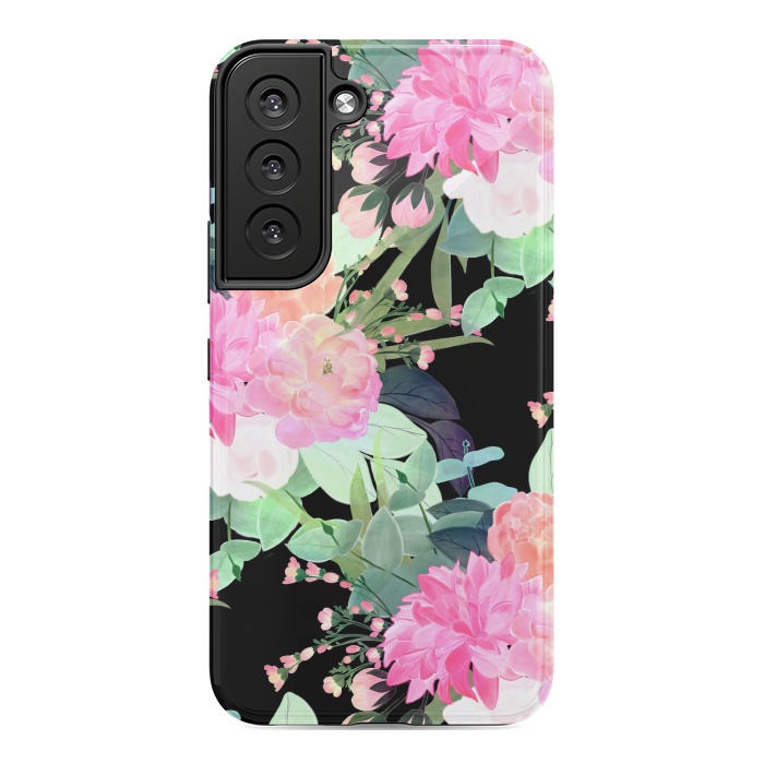 Galaxy S22 StrongFit Trendy Pink & Black Flowers Watercolor Design by InovArts