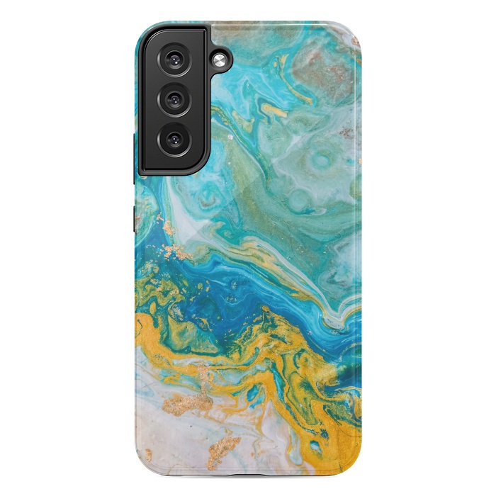 Galaxy S22 plus StrongFit Blue Acrylic Texture with Golden Marble Motifs by ArtsCase