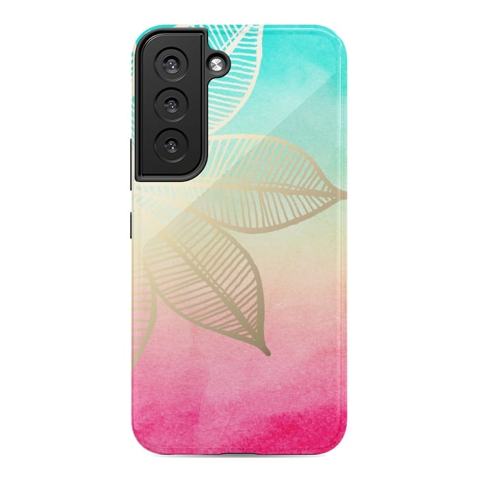 Galaxy S22 StrongFit Gold Flower on Turquoise and Pink Watercolor by Tangerine-Tane