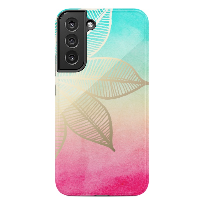 Galaxy S22 plus StrongFit Gold Flower on Turquoise and Pink Watercolor by Tangerine-Tane