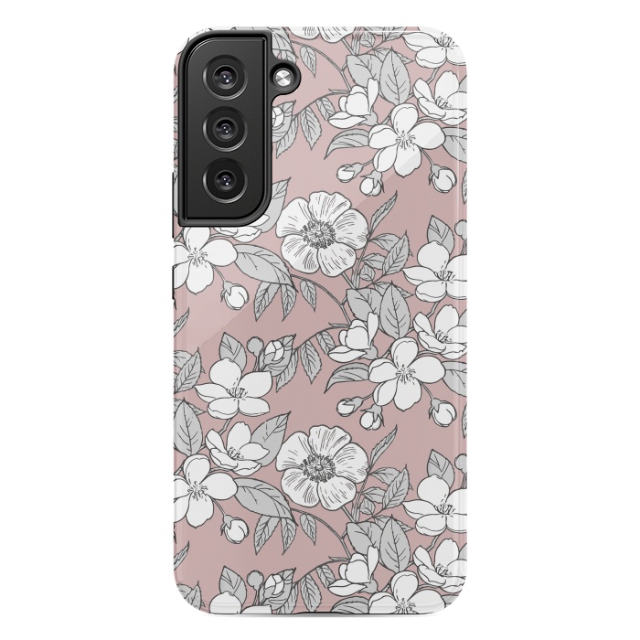 Galaxy S22 plus StrongFit White Cherry flowers line art drawing on pink by Oana 