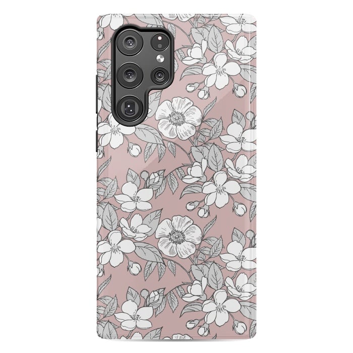 Galaxy S22 Ultra StrongFit White Cherry flowers line art drawing on pink by Oana 