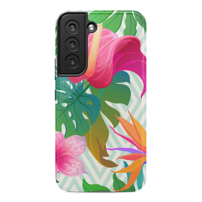 Galaxy S22 StrongFit Exotic Flowers and Leaves in Geometric Decoration by ArtsCase