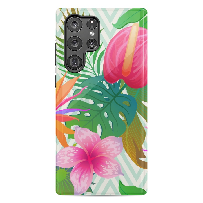 Galaxy S22 Ultra StrongFit Exotic Flowers and Leaves in Geometric Decoration by ArtsCase