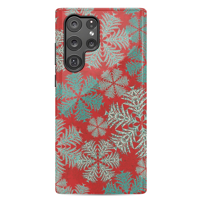 Galaxy S22 Ultra StrongFit Xmas Snowflakes Red Aqua by Lotti Brown