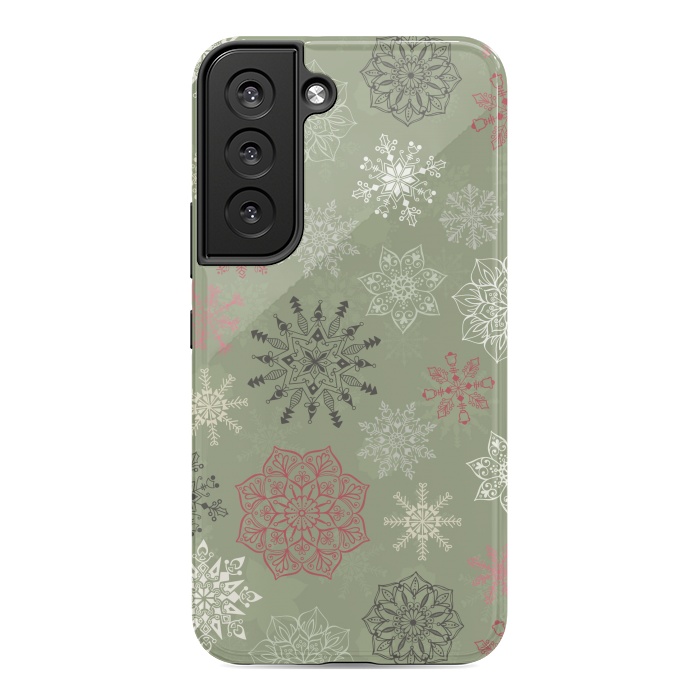 Galaxy S22 StrongFit Christmas Snowflakes on Dark Green by Paula Ohreen