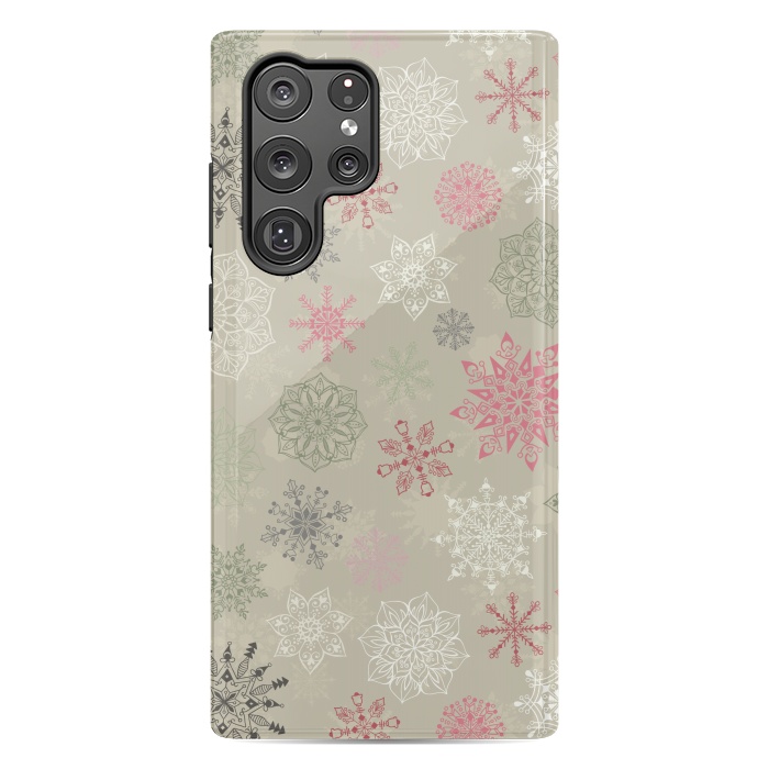 Galaxy S22 Ultra StrongFit Christmas Snowflakes on Light Green by Paula Ohreen