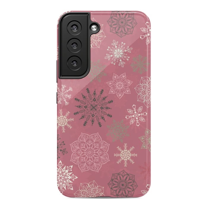 Galaxy S22 StrongFit Christmas Snowflakes on Pink by Paula Ohreen
