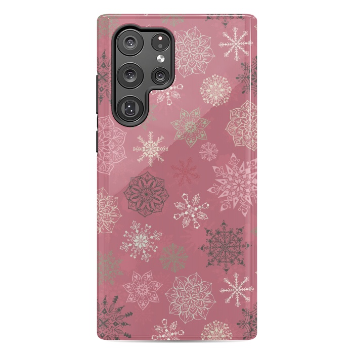 Galaxy S22 Ultra StrongFit Christmas Snowflakes on Pink by Paula Ohreen