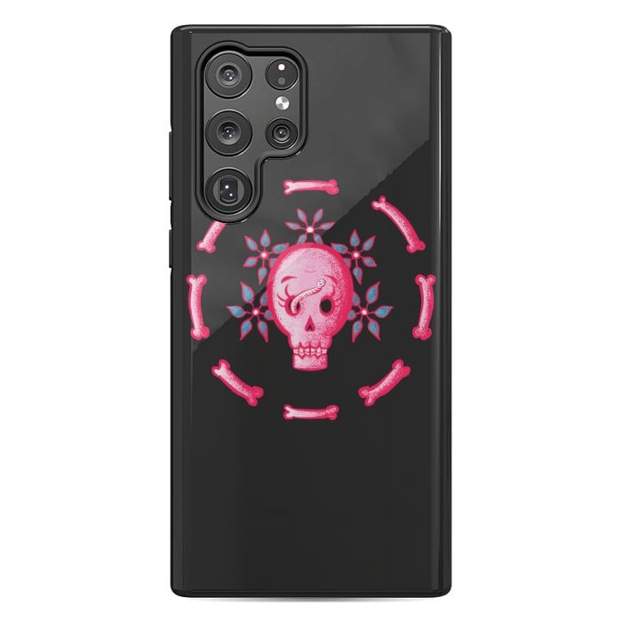 Galaxy S22 Ultra StrongFit Funny Skull In Pink With Flowers And Bones by Boriana Giormova