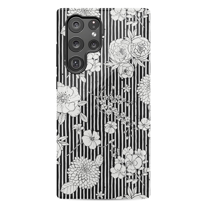 Galaxy S22 Ultra StrongFit Flowers and Stripes Black and White by Ninola Design