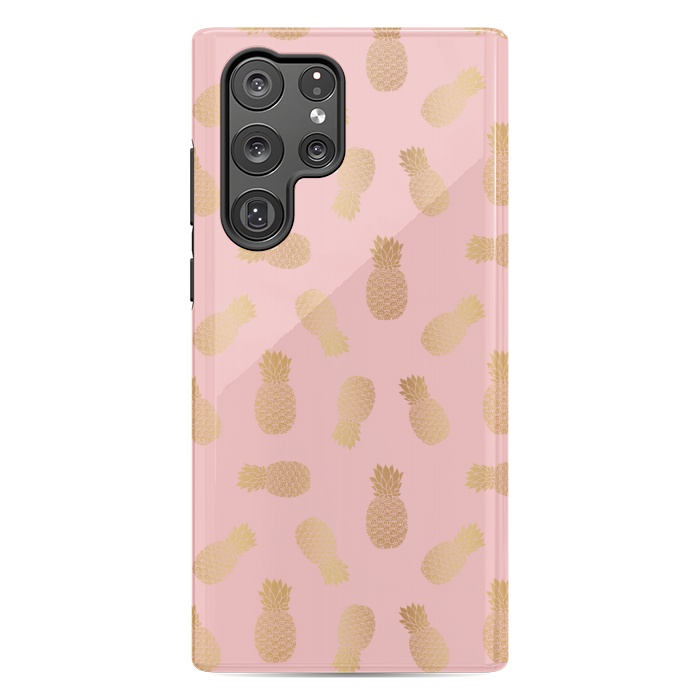 Galaxy S22 Ultra StrongFit Pink and Gold Pineapples by Julie Erin Designs
