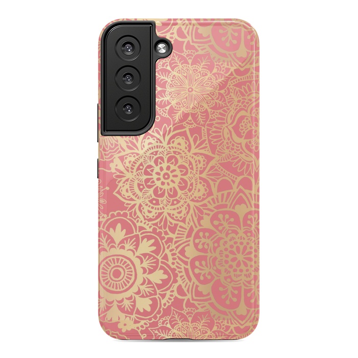 Galaxy S22 StrongFit Coral Pink and Gold Mandala Pattern by Julie Erin Designs