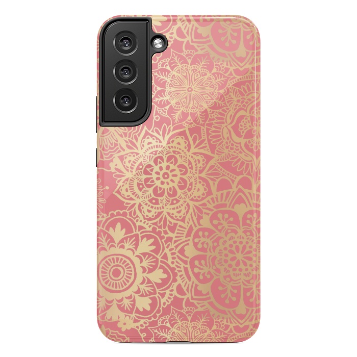 Galaxy S22 plus StrongFit Coral Pink and Gold Mandala Pattern by Julie Erin Designs