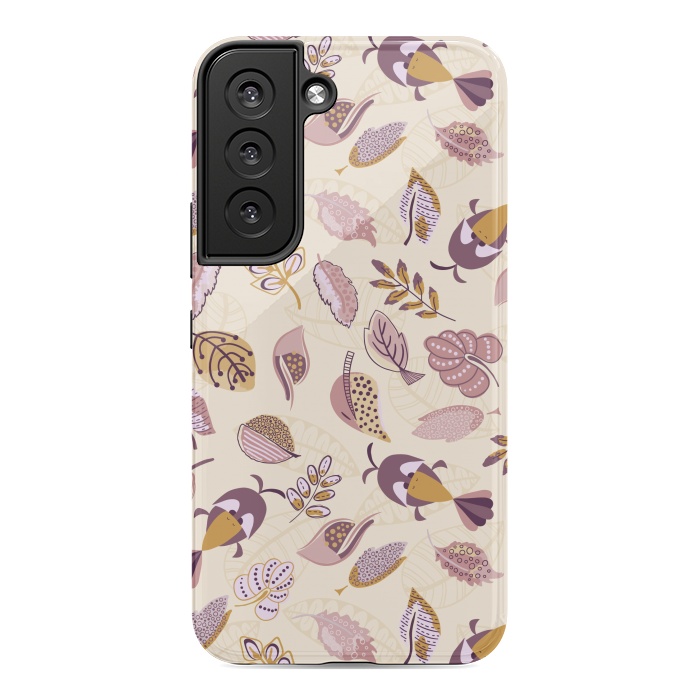Galaxy S22 StrongFit Cute parrots in a fun tossed pattern with funky leaves in purple and mustard by Paula Ohreen