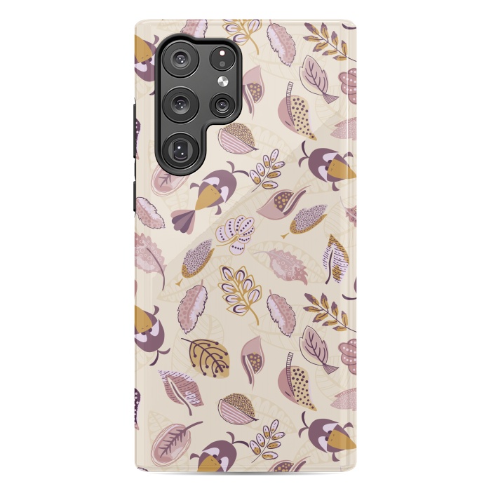 Galaxy S22 Ultra StrongFit Cute parrots in a fun tossed pattern with funky leaves in purple and mustard by Paula Ohreen
