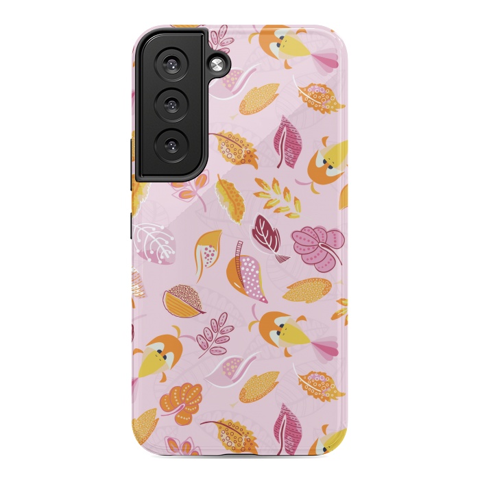 Galaxy S22 StrongFit Cute parrots in a fun tossed pattern with funky leaves in pink and orange by Paula Ohreen