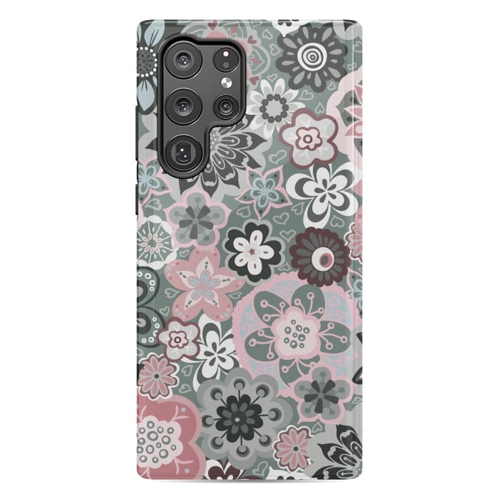 Galaxy S22 Ultra StrongFit Beautiful Bouquet of Blooms-Dark Grey and Pink by Paula Ohreen