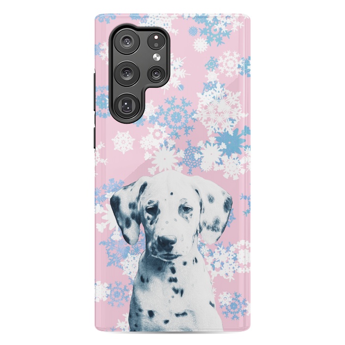 Galaxy S22 Ultra StrongFit Pink blue dalmatian and snowflakes by Oana 