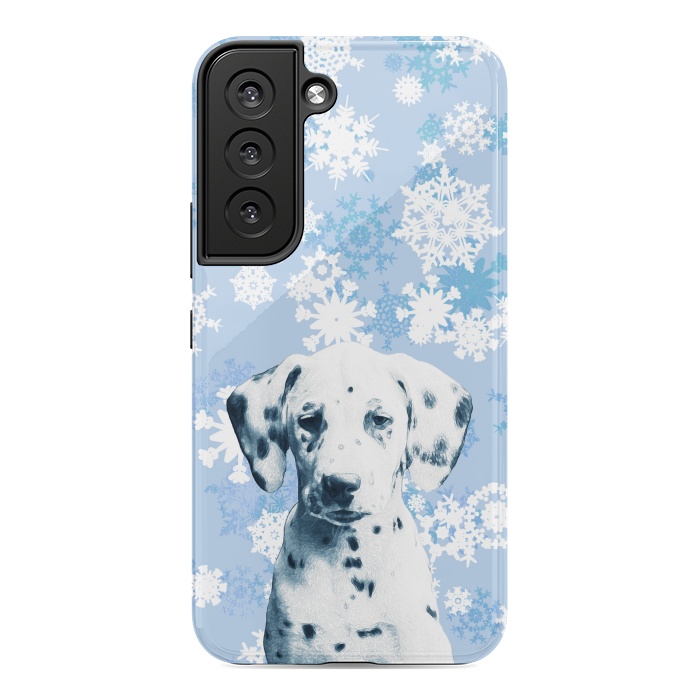 Galaxy S22 StrongFit Cute dalmatian and blue white snowflakes by Oana 