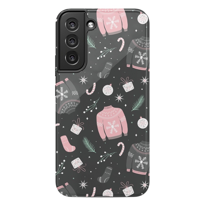 Galaxy S22 plus StrongFit Christmas seamless pattern with ugly sweater. Woolen winter clothes and traditional festive elements and decoration, gray by Jelena Obradovic
