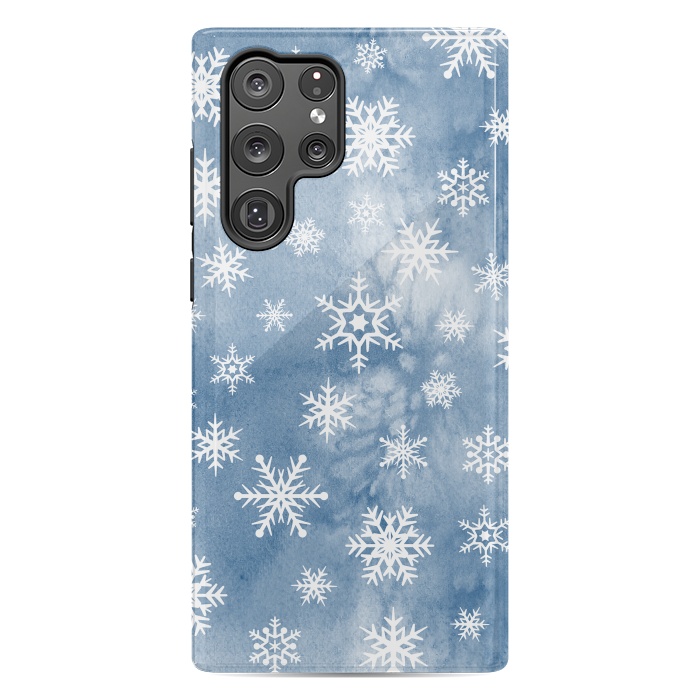 Galaxy S22 Ultra StrongFit Blue white watercolor Christmas snowflakes by Oana 