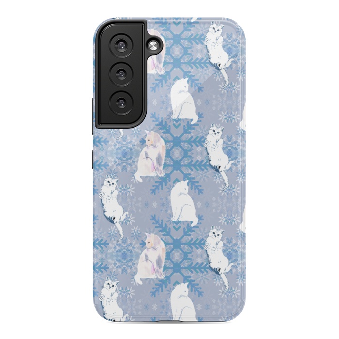 Galaxy S22 StrongFit Cute white cats and blue Christmas snowflakes by Oana 