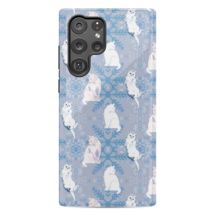 Galaxy S22 Ultra StrongFit Cute white cats and blue Christmas snowflakes by Oana 