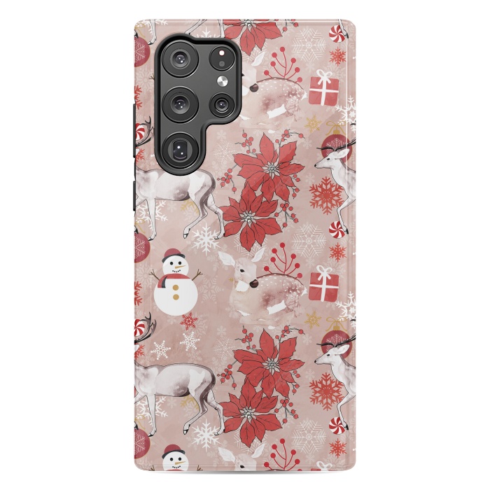 Galaxy S22 Ultra StrongFit Deers and Christmas ornaments red pink by Oana 