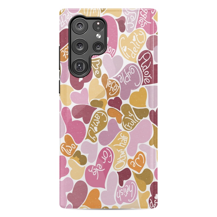 Galaxy S22 Ultra StrongFit Love hearts with loving words in pink and orange by Paula Ohreen