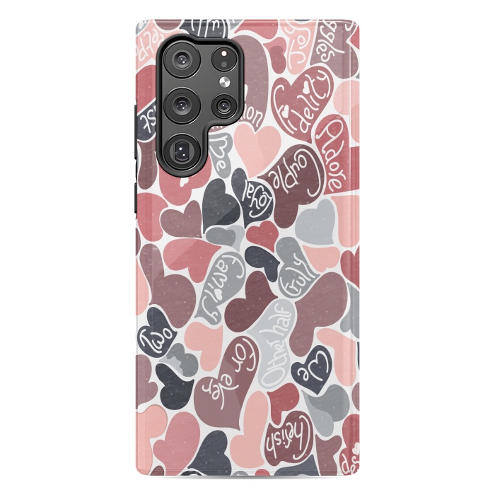 Galaxy S22 Ultra StrongFit Love hearts with loving words in pink and grey by Paula Ohreen