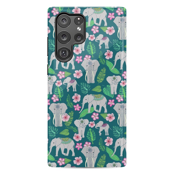 Galaxy S22 Ultra StrongFit Elephants of the Jungle on Green by Tangerine-Tane