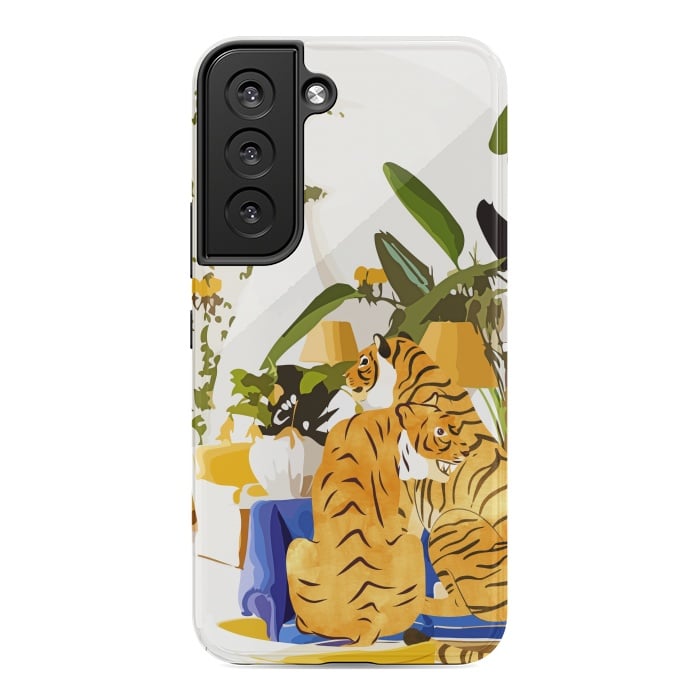 Galaxy S22 StrongFit Tiger Reserve Villa | Bohemian Tropical Jungle Décor | Pastel Honeymoon Couple Love Wildlife by Uma Prabhakar Gokhale