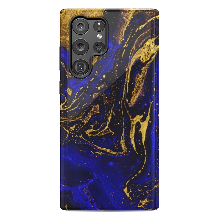 Galaxy S22 Ultra StrongFit Blue marble and abstract gold background texture with swirls by ArtsCase