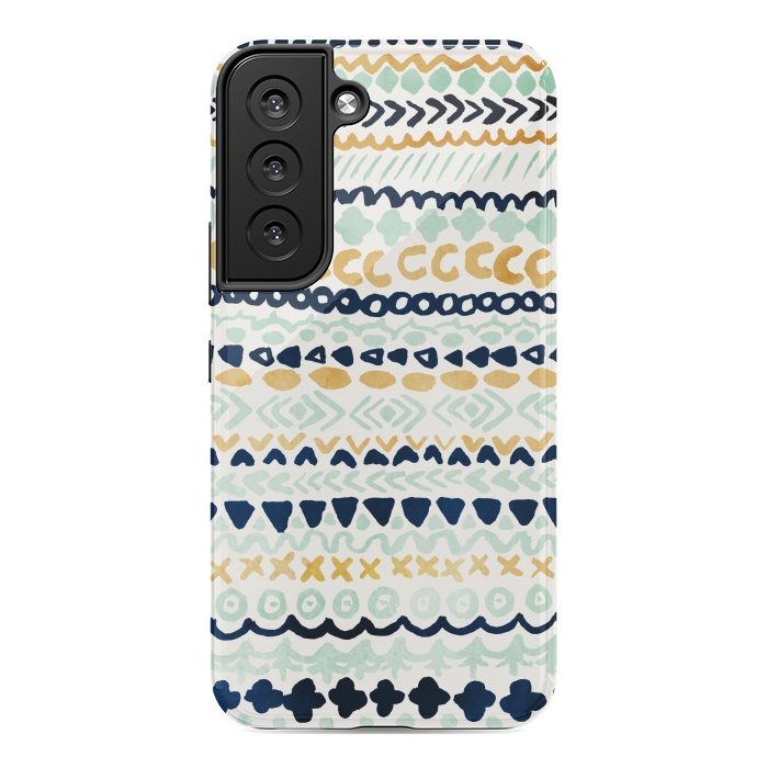 Galaxy S22 StrongFit Navy, Teal & Mustard Tribal by Tangerine-Tane
