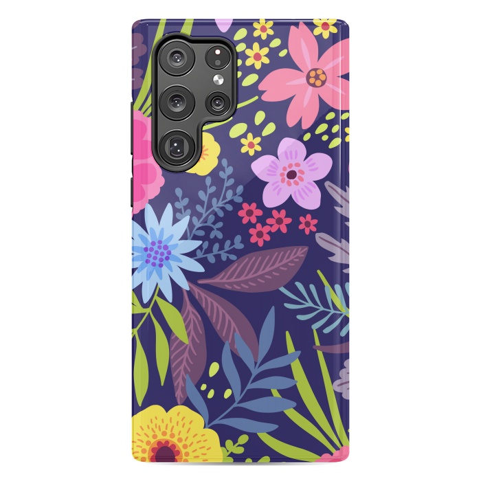 Galaxy S22 Ultra StrongFit Amazing seamless floral pattern with bright colorful flowers and leaves on a dark blue background by ArtsCase