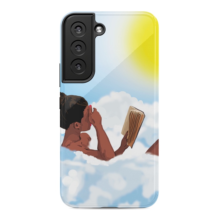 Galaxy S22 StrongFit Reading on Clouds, Black Woman Summer Sunny Day Book Painting, Bohemian Nude by Uma Prabhakar Gokhale