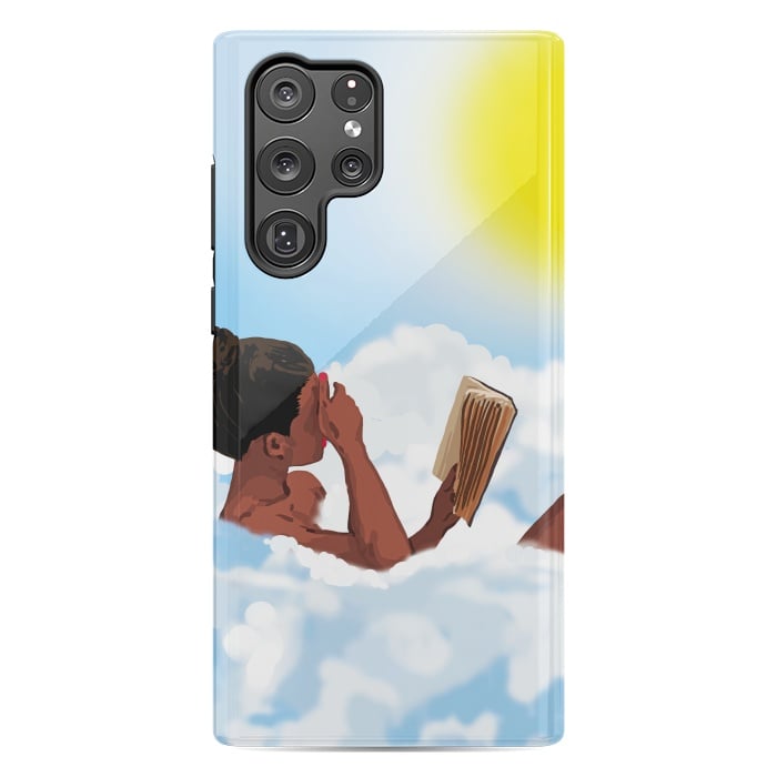 Galaxy S22 Ultra StrongFit Reading on Clouds, Black Woman Summer Sunny Day Book Painting, Bohemian Nude by Uma Prabhakar Gokhale