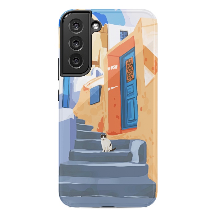 Galaxy S22 plus StrongFit Cat in Greece, Architecture Tropical Exotic Travel Places City, Bohemian Beachy Santorini Painting by Uma Prabhakar Gokhale
