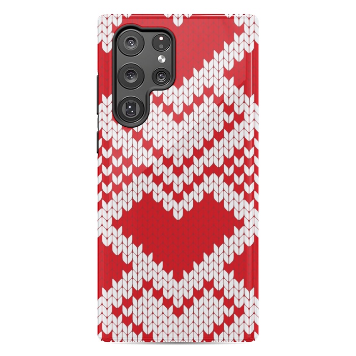 Galaxy S22 Ultra StrongFit Red white knitted heart pattern by haroulita