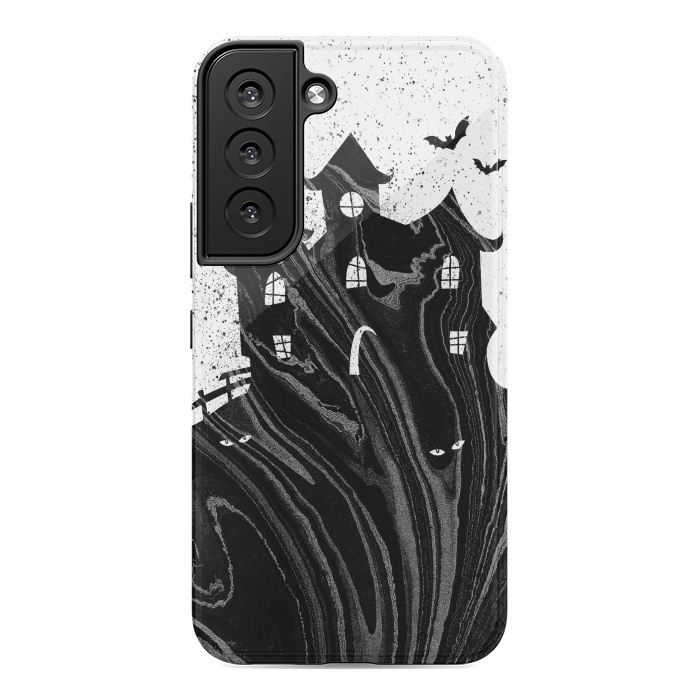 Galaxy S22 StrongFit Halloween haunted house - black and white splatter and brushstrokes by Oana 