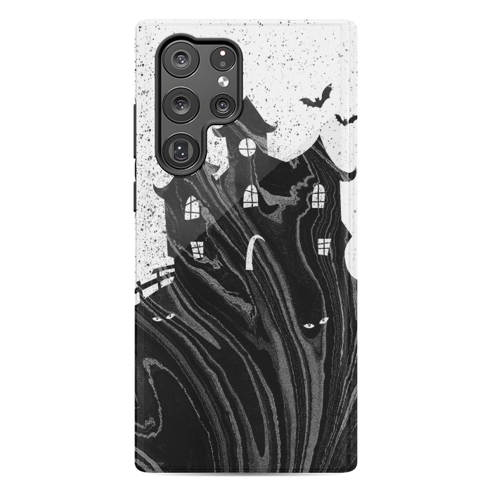 Galaxy S22 Ultra StrongFit Halloween haunted house - black and white splatter and brushstrokes by Oana 