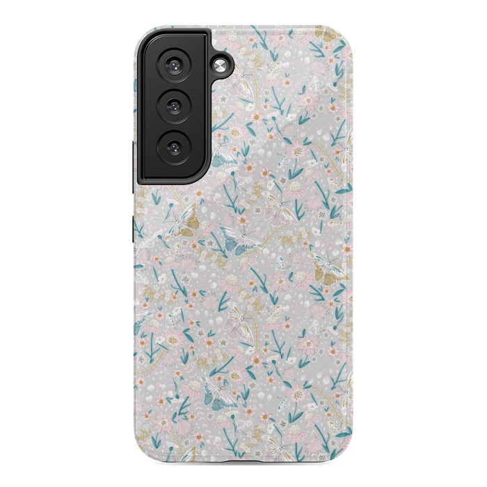 Galaxy S22 StrongFit Delicate Daisies and Butterflies half-drop repeat pattern by Paula Ohreen