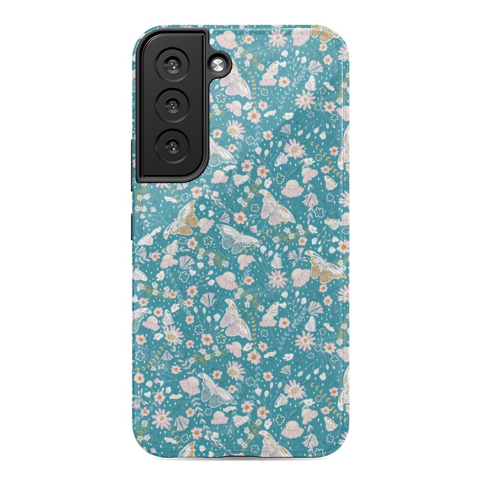 Galaxy S22 StrongFit Delicate Daisies and Butterflies half-drop repeat pattern on Blue by Paula Ohreen