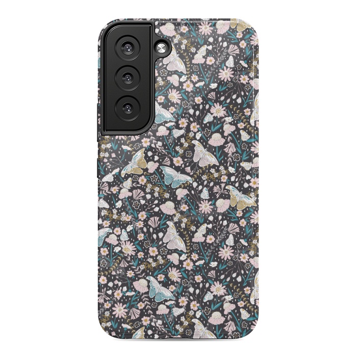 Galaxy S22 StrongFit Delicate Daisies and Butterflies half-drop repeat pattern on Black by Paula Ohreen