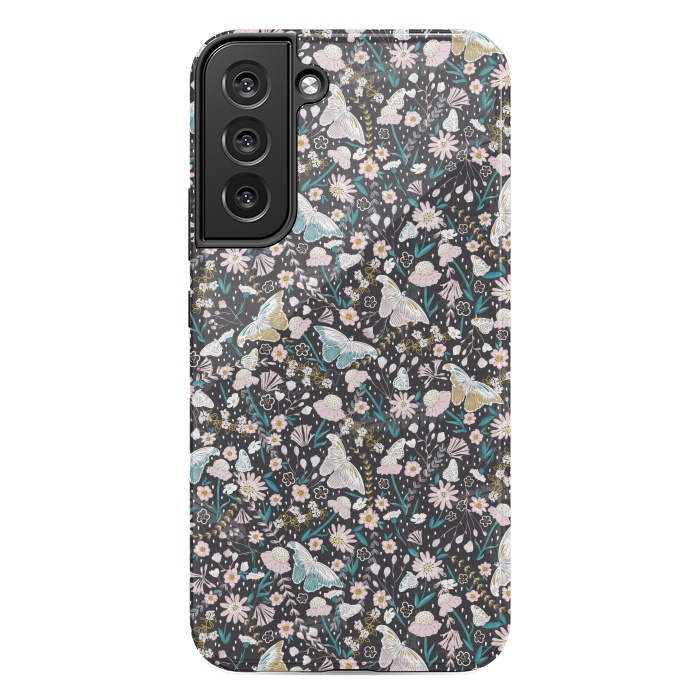 Galaxy S22 plus StrongFit Delicate Daisies and Butterflies half-drop repeat pattern on Black by Paula Ohreen