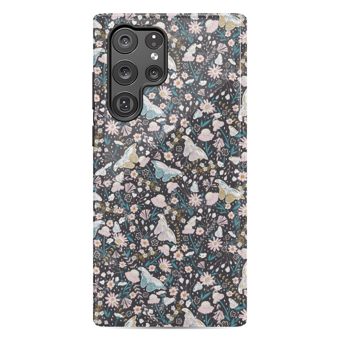Galaxy S22 Ultra StrongFit Delicate Daisies and Butterflies half-drop repeat pattern on Black by Paula Ohreen