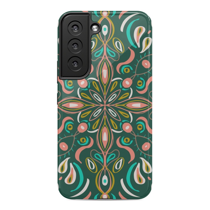 Galaxy S22 StrongFit Bold Boho Mandala in Green Coral and Gold by ECMazur 