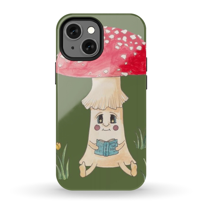 iPhone 13 mini StrongFit Cute Watercolor Mushroom Reading 1 by ECMazur 