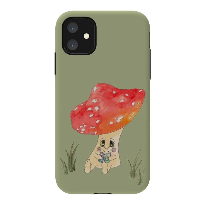 iPhone 11 StrongFit Cute Watercolour Mushroom Reading 4 by ECMazur 